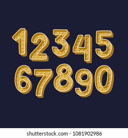 Cute gold Handdrawn numbers set for kids made in vector. Doodle math elements from 0 to 9. Isolated characters. 