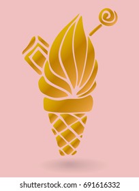 Cute gold ice cream cone with chocolate, lollipop isolated on pink background. Card, poster, sticker. Vector illustration.
