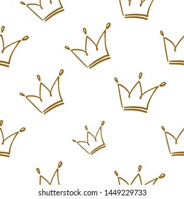 Cute gold line crown seamless pattern. Simple golden doodle hand drawn art. Vector linear design on white background.