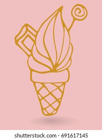 Cute gold linear ice cream cone with chocolate, lollipop isolated on pink background. Card, poster, sticker. Vector illustration.