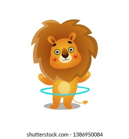Cute gold lion kid playing with metal or plastic circle