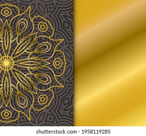 Cute gold Mandala card with striped seamless pattern. Ornamental round doodle flower isolated on dark background. Geometric decorative ornament in ethnic oriental style.