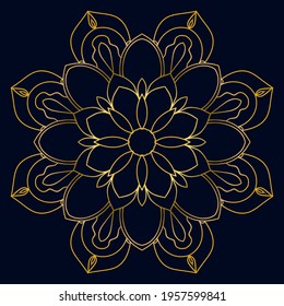 Cute gold Mandala. Ornamental round doodle flower isolated on dark background. Geometric decorative ornament in ethnic oriental style.