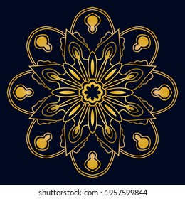 Cute gold Mandala. Ornamental round doodle flower isolated on dark background. Geometric decorative ornament in ethnic oriental style.