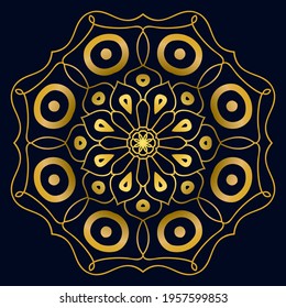 Cute gold Mandala. Ornamental round doodle flower isolated on dark background. Geometric decorative ornament in ethnic oriental style.
