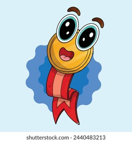 Cute gold medal award for winners with a red ribbon and giant cartoonish eyes. Adorable 3d approved or certified trophy medal for champions. kawaii qualified medal character illustration.