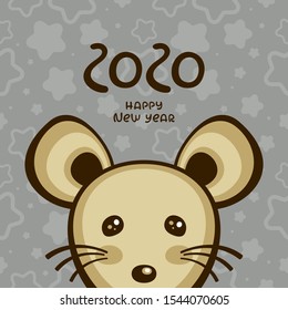 Cute gold mouse on gray background with stars. Cartoon character  vector illustration. Template for new year greeting card. Chinese zodiac sign 2020.