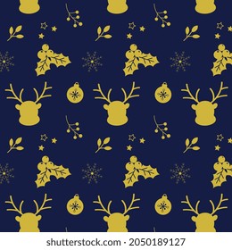 Cute gold reindeer Merry Christmas greetings seamless pattern with stars, baubles, snowflakes and mistletoes. Duotone vector illustration for cards, murals, textile, wallpaper and wrapping paper.
