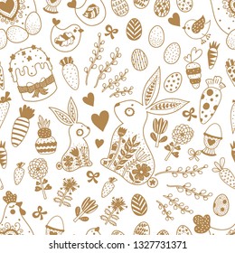Cute gold seamless pattern for Easter holiday. Rabbits, Easter eggs, hen hen and  chickens, willow and flowers. Can be used for wallpaper, pattern fills, web page background, postcards.