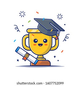 Cute Gold Trophy With Scholarship Vector Icon Illustration. Gold Goblet Mascot, Education  Icon Concept White Isolated. Flat Cartoon Style Suitable for Web Landing Page, Banner, Sticker, Background