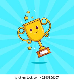 Cute Gold Trophy Vector Icon Illustration. Golden Goblet With Kawaii Face Sport Icon Concept White Isolated. Flat Cartoon Style Suitable for Web Landing Page, Banner, Sticker, Background