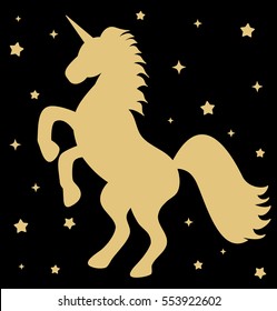 cute gold unicorn silhouette with stars on black background vector illustration