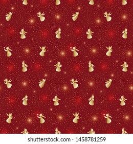 Cute golden angels with halo, candles, stars and gifts on a red background. Dark red vector abstract background with gold spangles for trendy banner or poster design.