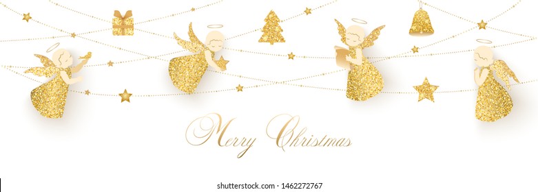 Cute golden angels with halo, stars, gifts, Christmas tree and bells isolated on a transparent background. Holiday vector frame for party posters, headers, banners. 