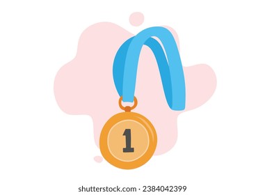 Cute golden award medal with ribbons for winners isolated on white background flat color cartoon style.