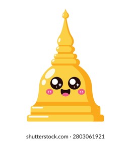 Cute Golden Buddhist Stupa with Smiling Kawaii Face Cartoon Illustration