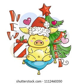 Cute golden cartoon pig in love with holiday tree. Symbol of New 2019 Year. Chinese horoscope