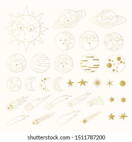 Cute golden cartoon smiley earth, moon, sun and other planets. Collection with gold line comets and stars.