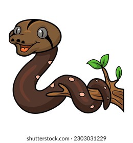 Cute golden child phantom reticulatus python cartoon on tree branch