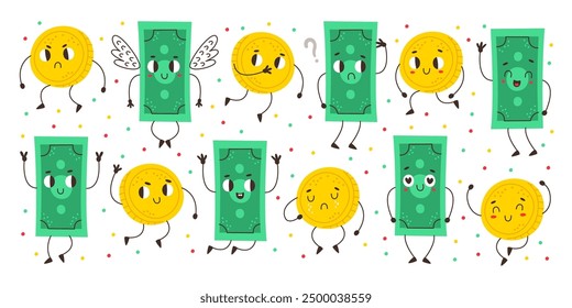 Cute golden coin and cash green banknote money humanized characters with different emotions and expression isolated set. Collection of kawaii currency emoticons emoji stickers vector illustration