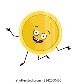 Cute golden coin character with crazy happy emotion, face, smile eyes, arms and legs. Money person with funny expression and dancing pose. Vector flat illustration