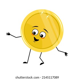 Cute golden coin character with happy emotion, joyful face, smile eyes, arms and legs. Money person with funny expression and pose. Vector flat illustration