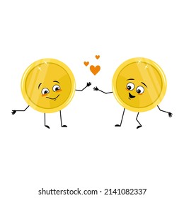 Cute golden coin character with love emotions, happy face, smile, arms and legs. Money person with funny expression and pose. Vector flat illustration