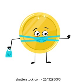 Cute golden coin character with sad emotions, face and mask keep distance, hands with shopping bag and stop gesture. Money person with care expression and pose. Vector flat illustration