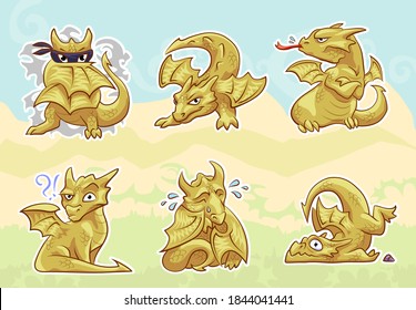 cute golden dragon. stickers set, emotions and activities