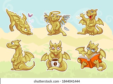 cute golden dragon. stickers set, emotions and activities