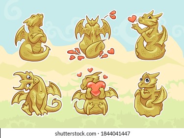 cute golden dragon. stickers set, emotions and activities
