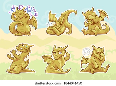cute golden dragon. stickers set, emotions and activities