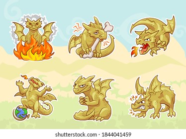 cute golden dragon, stickers set, emotions and activities