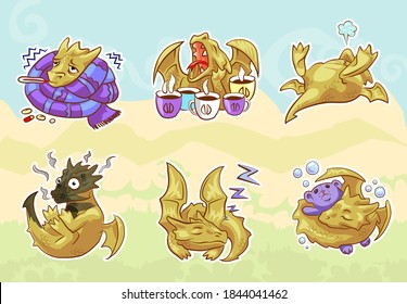 cute golden dragon. stickers set, emotions and activities