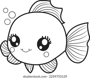Cute golden fish cartoon. Black and white lines. Coloring page for kids. Activity Book.