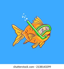 Cute golden fish cartoon vector illustration. Gold fish snorkeling in the water cartoon.