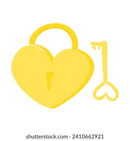 Cute golden lock with a heart-shaped key on a white background