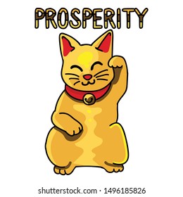 Cute golden lucky cat vector. Hand drawn Japanese maneki neko prosperity clipart. 