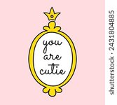 Cute golden minimalistic oval vector frame with crown and lettering. Pink mirror for little princess, beautiful decorative border, hand drawn, doodle illustration.