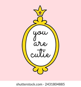 Cute golden minimalistic oval vector frame with crown and lettering. Pink mirror for little princess, beautiful decorative border, hand drawn, doodle illustration.