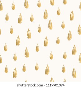 Cute golden pattern with sketched rain drops. Pencil textured vector drawings.
