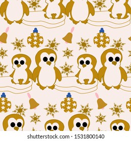 Cute golden penguins and winter elements in a seamless pattern design, perfect to use on the web or in print