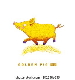 Cute golden pig cartoon. Cheerful pig character. Funny vector.