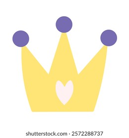 Cute golden princess crown with heart. Vector flat illustration