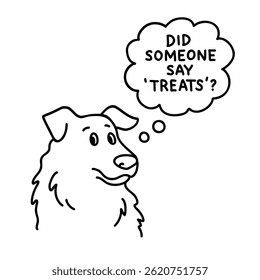 Cute golden retriever with curious face expression. Playful dog black and white doodle illustration with thought bubble. Sketch for pet-themed merchandise, stickers, children's books, and branding.