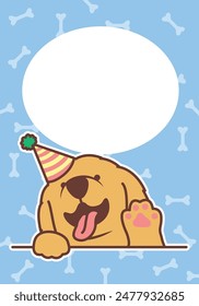 Cute golden retriever dog with party hat waving paw cartoon greeting card, vector illustration