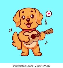 Cute Golden Retriever Dog Playing Guitar Cartoon Vector Icon Illustration. Animal Music Icon Concept Isolated Premium Vector. Flat Cartoon Style