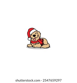 Cute golden retriever dog with santa hat and red scarf cartoon, vector illustration