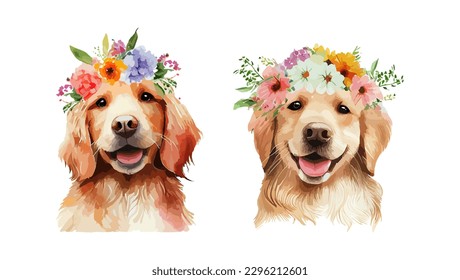 Cute Golden Retriever dog watercolor isolated on white background. Cute portrait of dog with spring or summer flowers set. Vector illustration