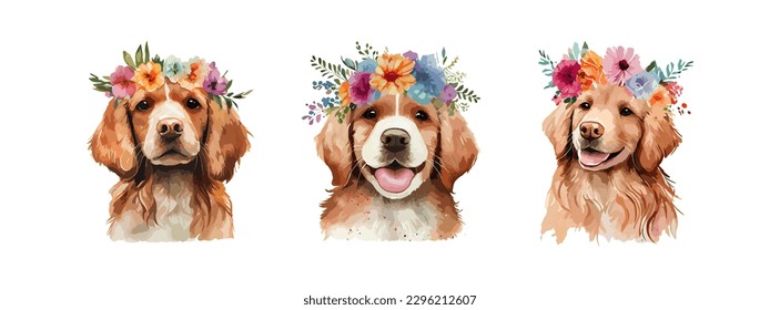 Cute acuarela de perro Golden Retriever aislada en fondo blanco. Retrato lindo de perro con flores de primavera o verano. Ilustración del vector